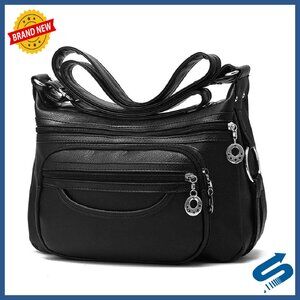 Large Vegan Leather Crossbody Bag with Multiple Pockets Adjustable Strap